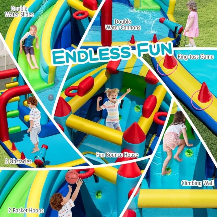 Inflatable Double Water Slide Park featuring double slides, climbing wall, and bounce house for year-round fun.