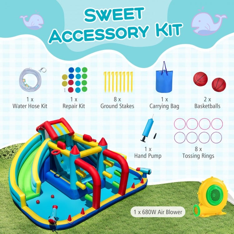 Inflatable Double Water Slide Park with obstacle course, featuring a 680W blower and sweet accessory kit for fun play.