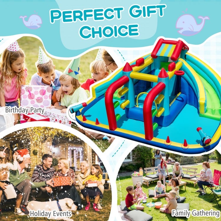 Inflatable Double Water Slide Park with obstacle course, featuring double slides and water cannons for outdoor fun.