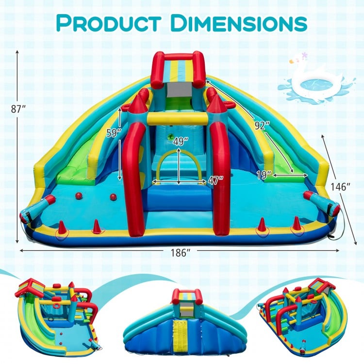 Inflatable Double Water Slide Park with obstacle course, featuring dual slides, climbing wall, and vibrant colors for.