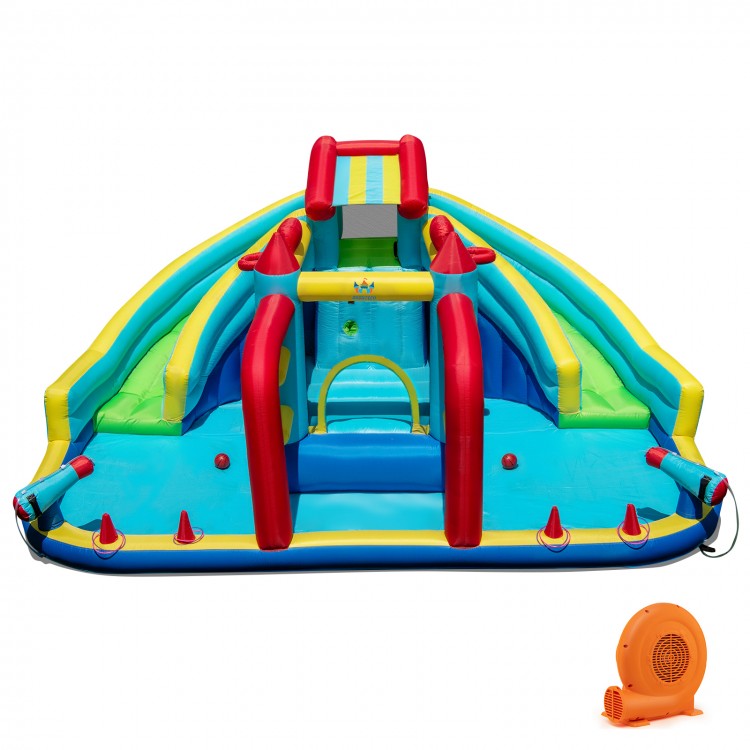 Inflatable Double Water Slide Park with climbing wall, double slides, and water cannons for year-round fun.