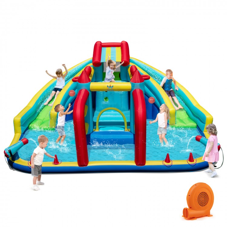 Inflatable Double Water Slide Park featuring dual slides, water cannons, and obstacle course for year-round fun.
