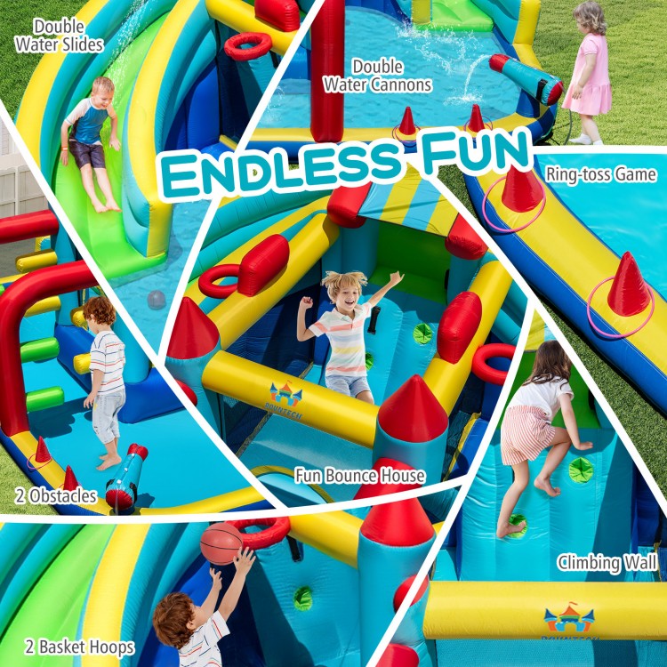 Inflatable Double Water Slide Park featuring slides, climbing wall, and basketball hoops for year-round fun.