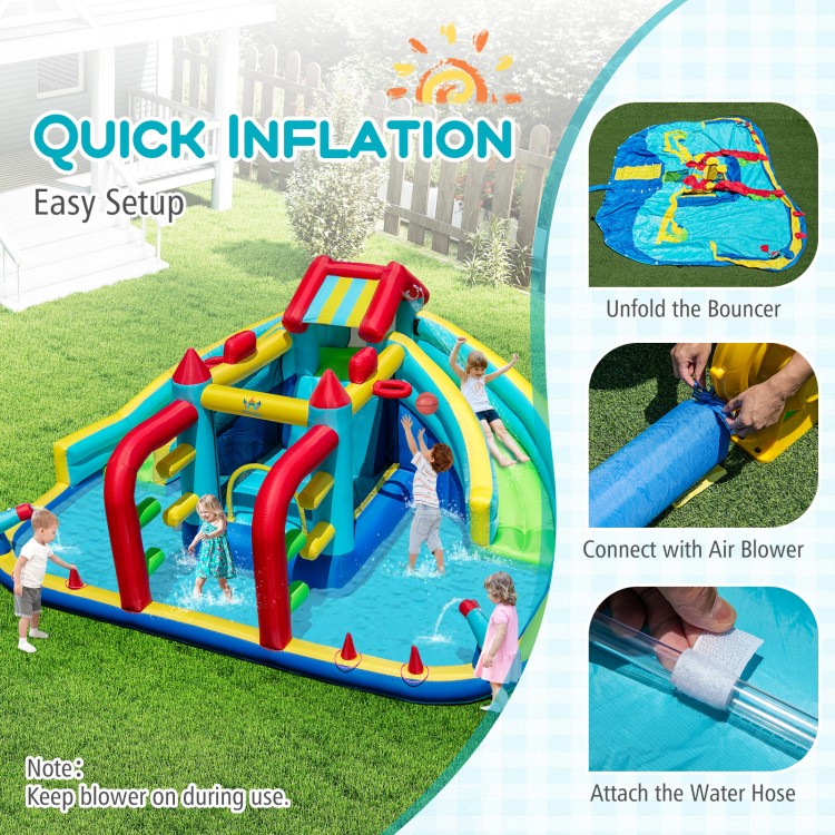 Inflatable Double Water Slide Park with slides, cannons, and obstacle course for year-round fun and easy setup.