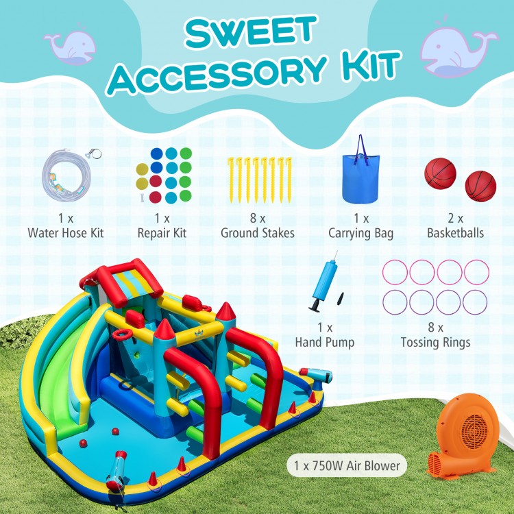 Inflatable Double Water Slide Park with accessories including 750W blower, basketballs, and tossing rings for.
