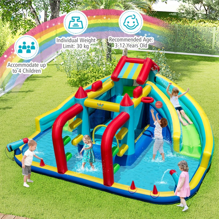 Inflatable Double Water Slide Park with climbing wall, water cannons, and obstacle course for kids aged 3-12 years.