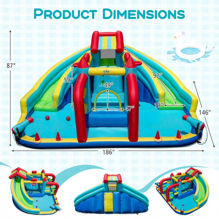Inflatable Double Water Slide Park with obstacle course, featuring dual slides, climbing wall, and vibrant colors for.