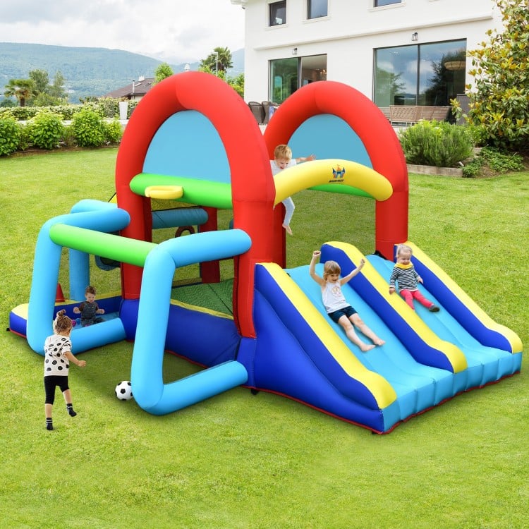 Inflatable jumping castle with dual slides, ball pit, and games for 3-4 kids, made of tear-resistant oxford cloth.