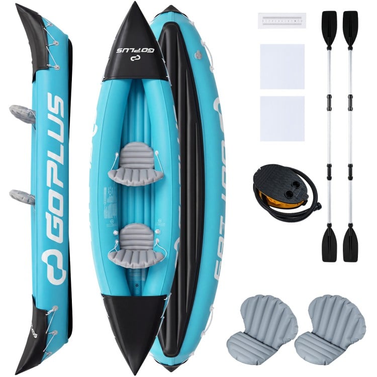 Inflatable tandem kayak for 2 people in blue, includes aluminum paddles and comfortable seats for touring adventures.