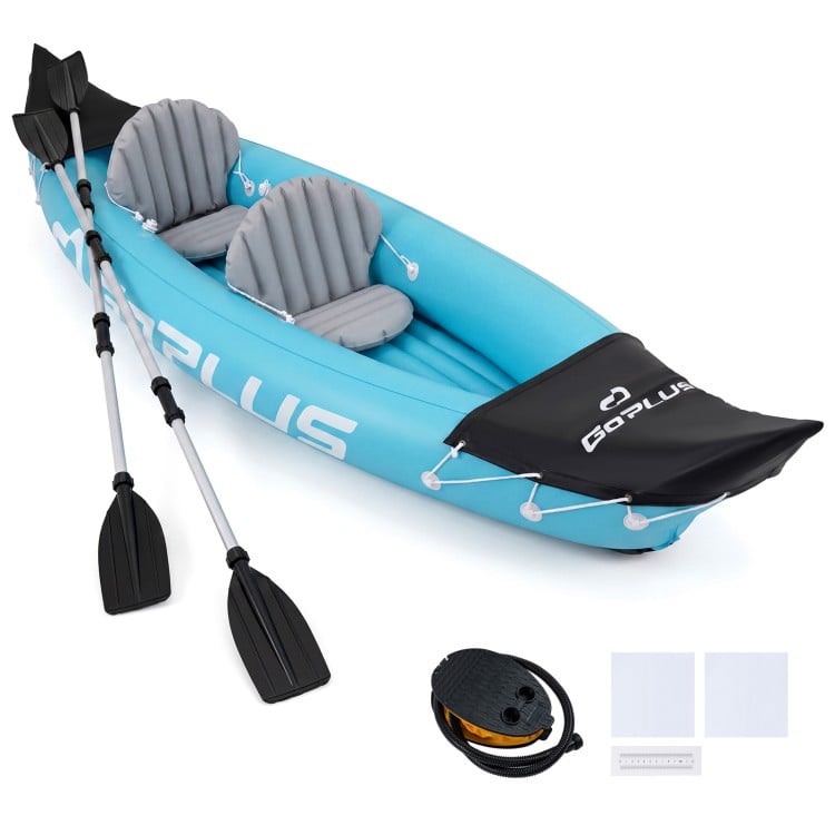 Inflatable tandem kayak for 2 people in blue, includes aluminum paddles and accessories for outdoor water adventures.