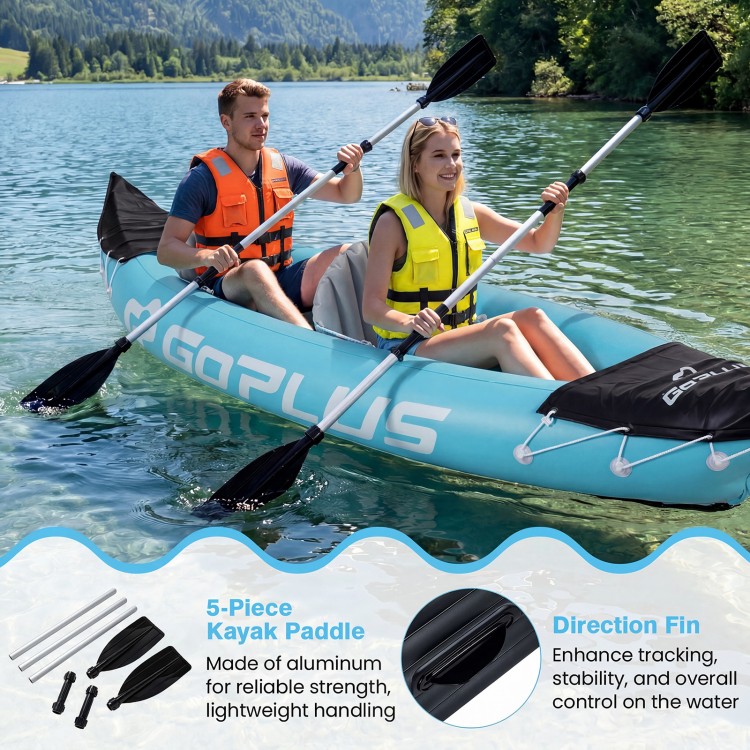 Two people paddling in a blue inflatable tandem kayak with aluminum paddles on calm water.