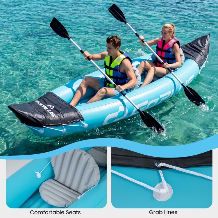 Two-person inflatable kayak in blue with comfortable seats and aluminum paddles, ideal for tandem touring on water.