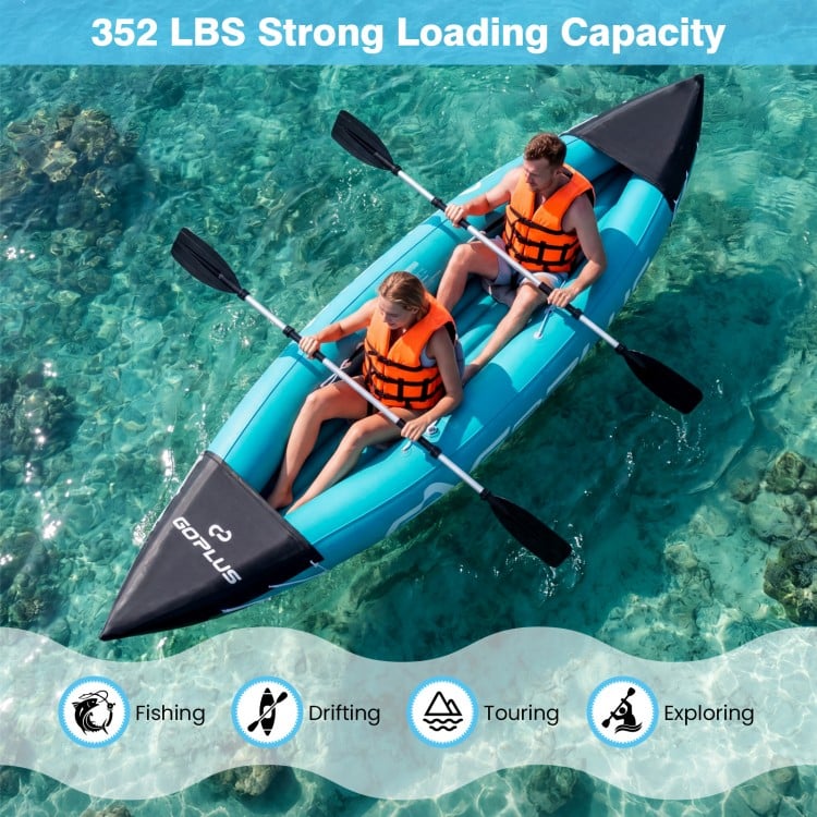 Two-person inflatable kayak in blue, featuring aluminum paddles, ideal for fishing, drifting, and touring.