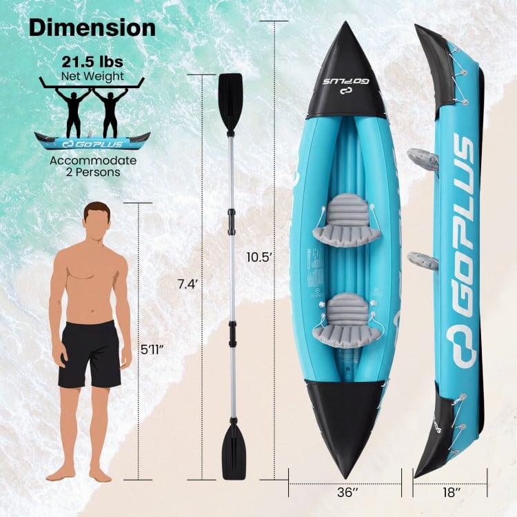 Inflatable tandem kayak for 2 persons, heavy-duty blue design with aluminum paddles, dimensions 10.5' x 3' x 1.5'.
