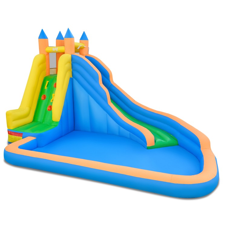 Inflatable Mighty Bounce House with water slide, featuring vibrant colors and splash pool for backyard fun.