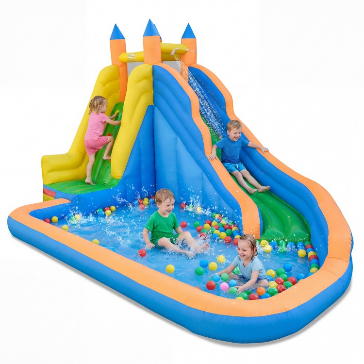 Inflatable Mighty Bounce House with water slide, featuring a splash pool and colorful balls for outdoor fun.