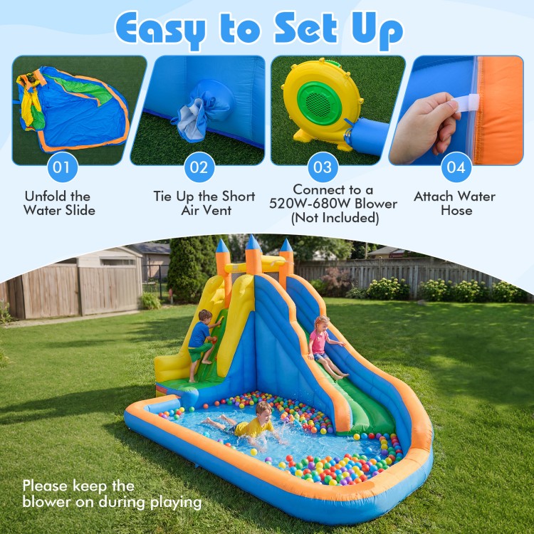 Inflatable Mighty Bounce House with water slide, featuring a splash pool and protective mesh walls for safe play.