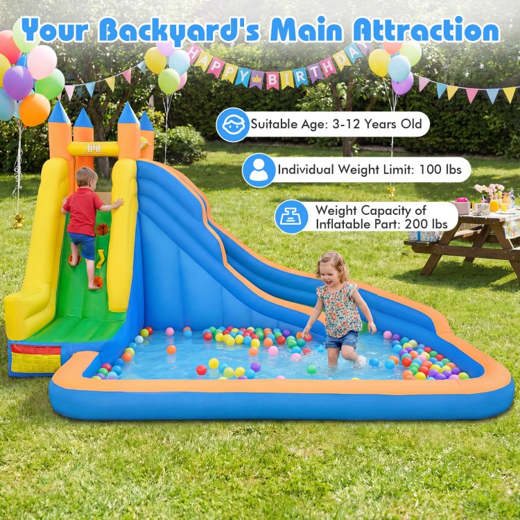 Inflatable Mighty Bounce House with water slide, featuring a splash pool for kids aged 3-12, made from durable.