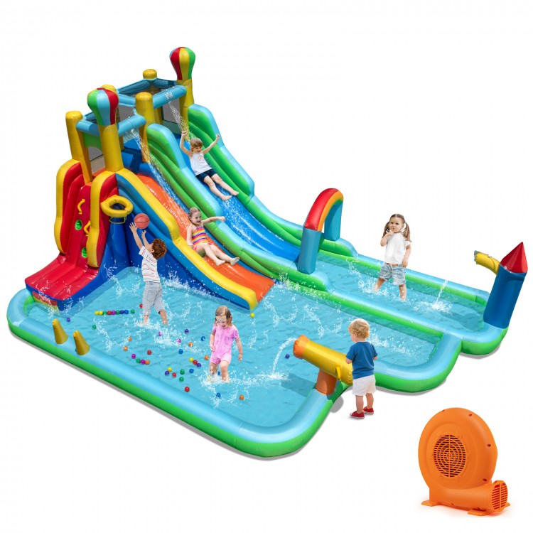 Giant inflatable water slide park with double slides, splash pool, and games for summer fun in the backyard.