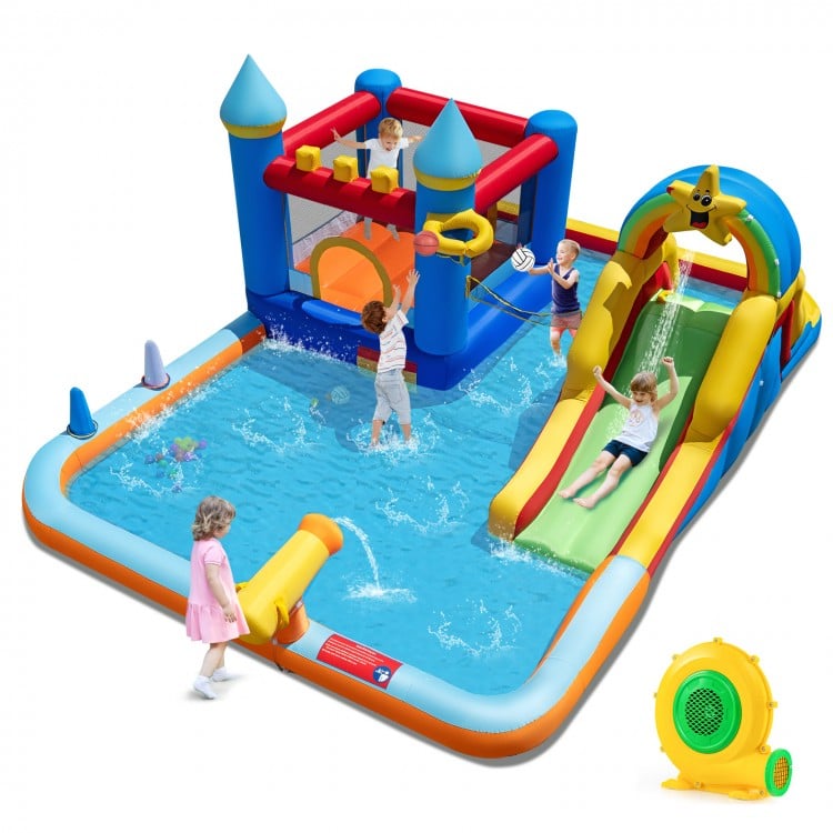 Bouncy castle with water slide and climbing wall, featuring a basketball rim and splash pool for active kids' enjoyment.