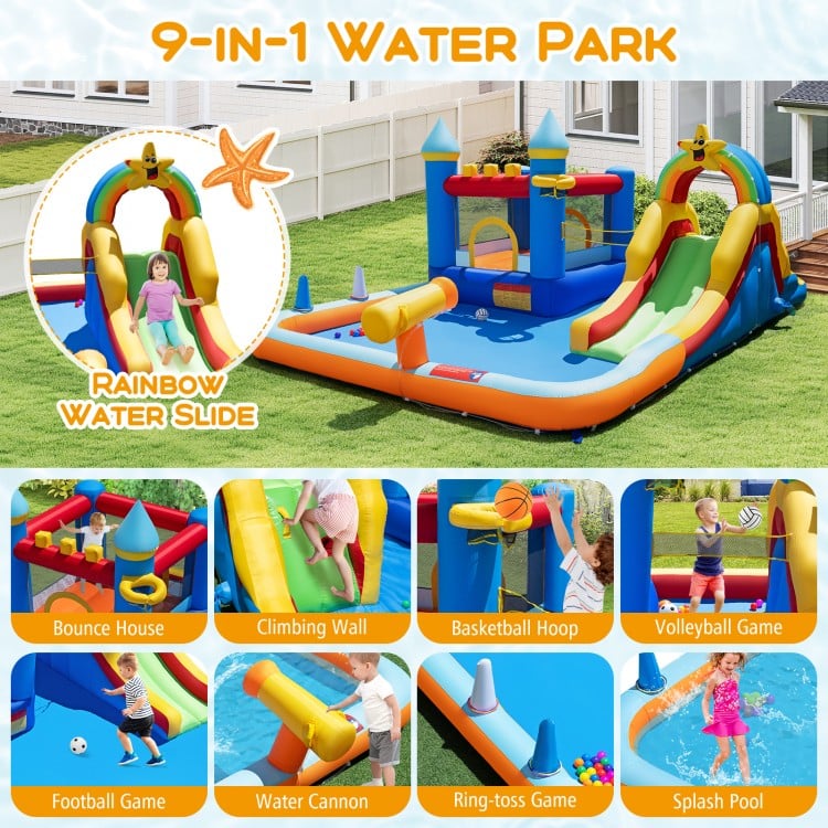 Inflatable water slide park featuring a climbing wall, splash pool, and various games for outdoor fun and energetic.