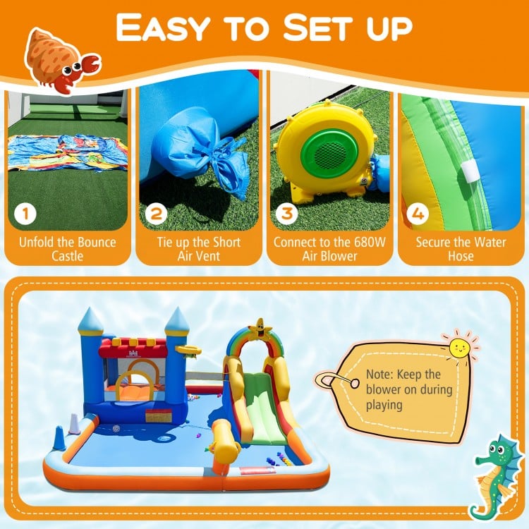 Inflatable water slide park with climbing wall, splash pool, and blower for kids' outdoor fun and active play.