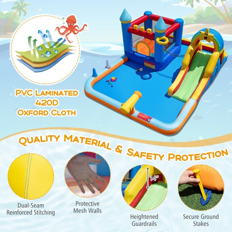 Inflatable water slide park with climbing wall, splash pool, and water cannon made from durable 420D oxford cloth.