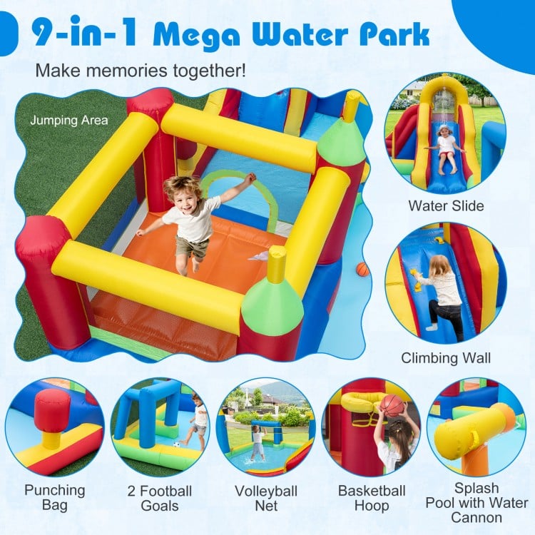 Inflatable water slide bounce house featuring a climbing wall, basketball hoop, and splash pool for summer fun.