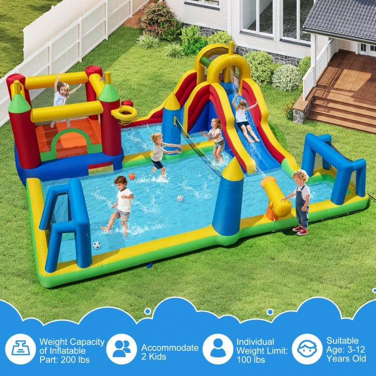 Colorful inflatable water slide bounce house with climbing wall, suitable for kids aged 3-12, featuring multiple play.