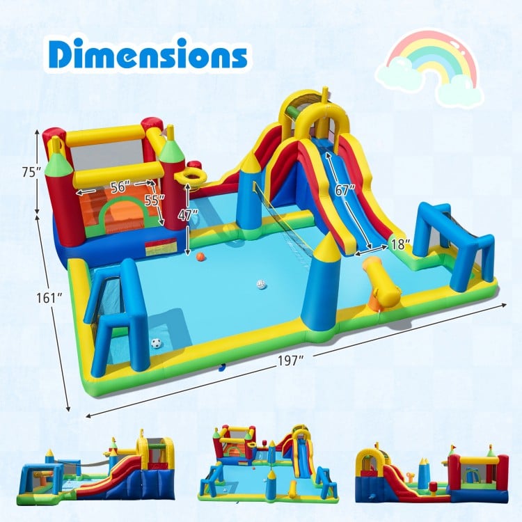 Inflatable Water Slide Bounce House dimensions with climbing wall, water cannon, and fun activities for kids.