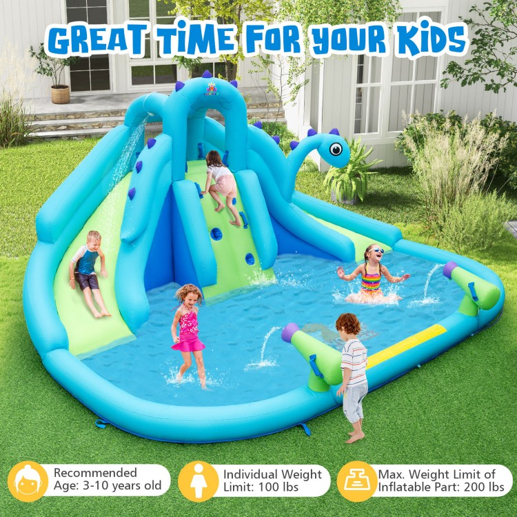 Inflatable water slide with dual slides, large splash pool, and water cannons for kids aged 3-10, perfect for summer.