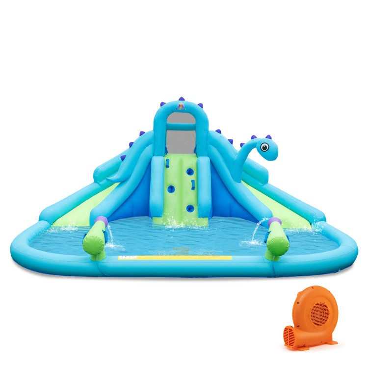 Inflatable water slide with dual slides, large splash pool, and blower, perfect for summer fun in the backyard.