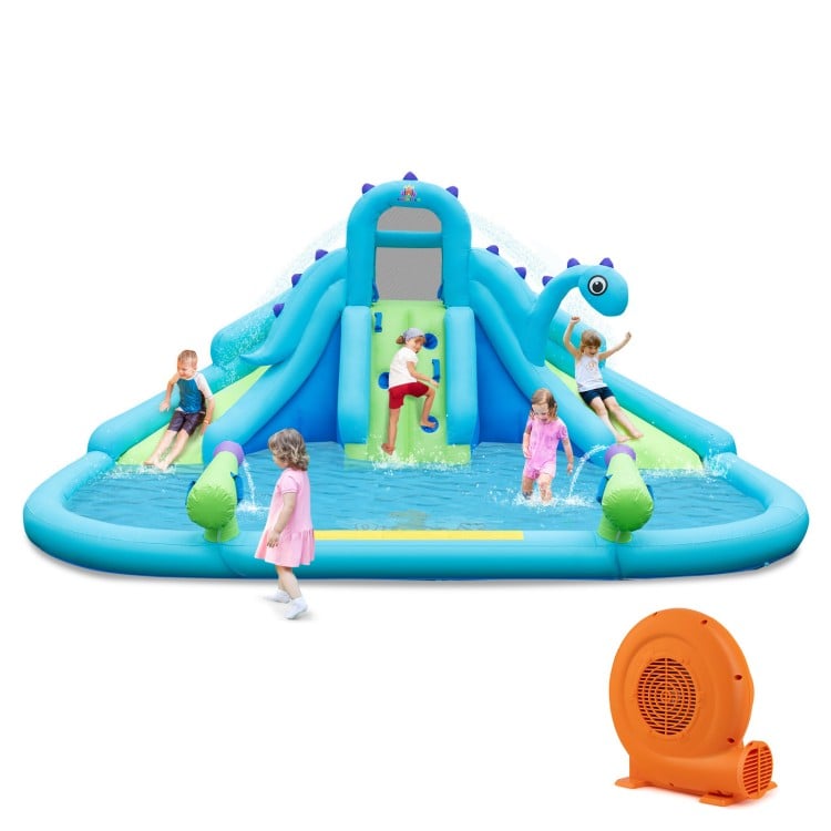 Inflatable water slide with dual slides, large splash pool, and kids playing, made of durable 420D Oxford cloth.