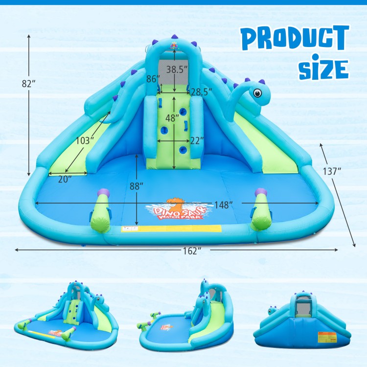 Inflatable water slide with dual slides, large splash pool, and vibrant blue and green design for outdoor fun.