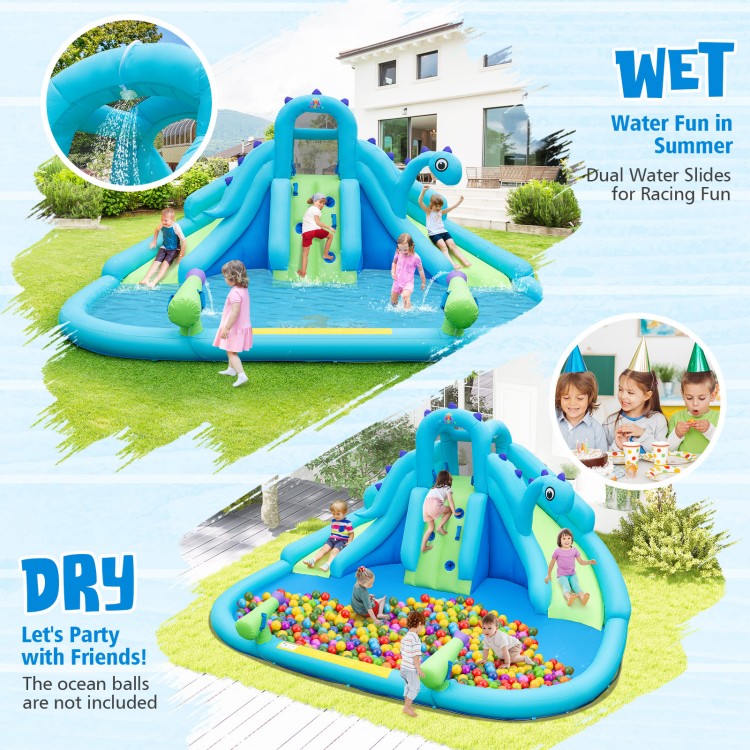 Inflatable water slide with dual slides and large splash pool, made of durable 420D Oxford cloth for outdoor summer fun.