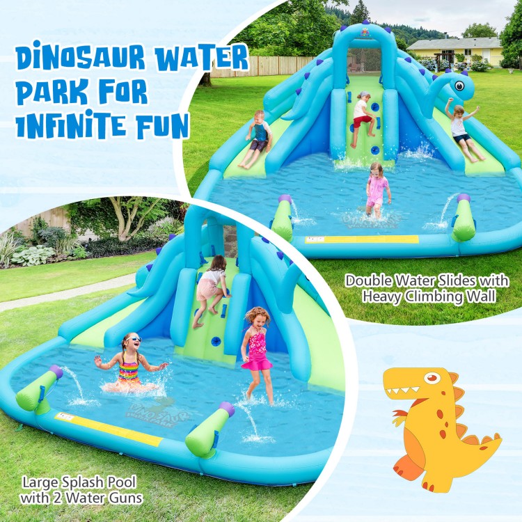 Inflatable water slide with dual slides, large splash pool, and water guns, perfect for outdoor summer fun.