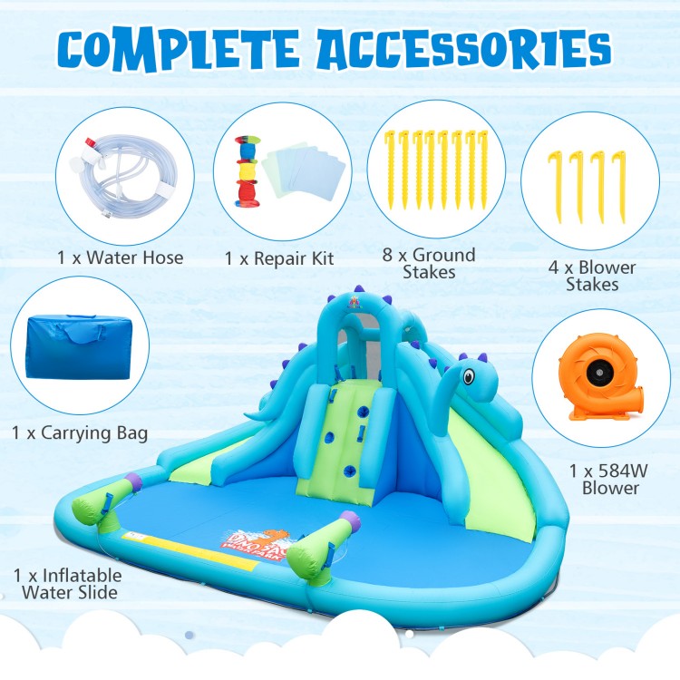 Inflatable water slide with dual slides, large splash pool, and 584W blower, perfect for summer fun.