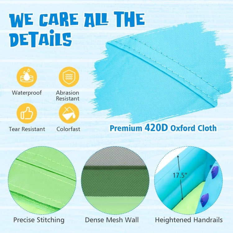 Close-up of premium 420D Oxford cloth showcasing precise stitching and dense mesh wall for the inflatable water slide.