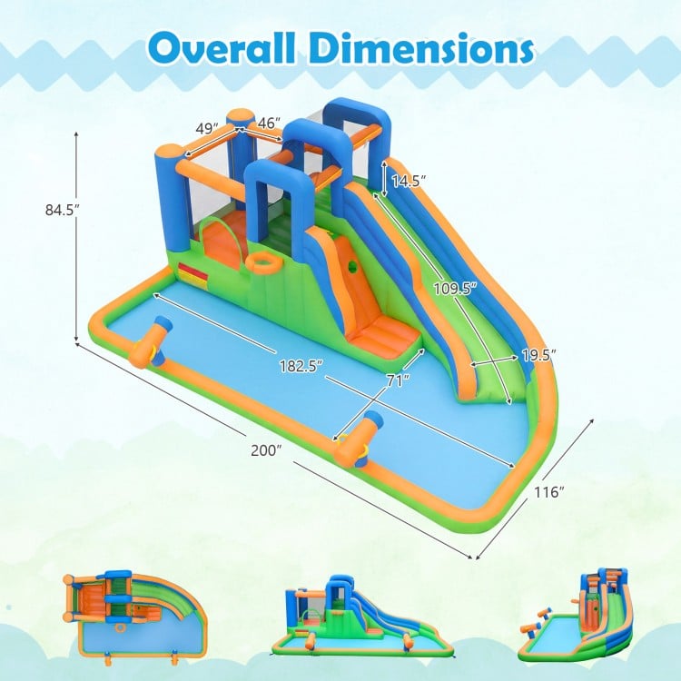 Overall dimensions of the inflatable water slide with dual climbing walls, designed for fun-filled outdoor adventures.