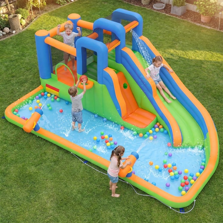 Inflatable water slide park featuring dual climbing walls, splash pool, and colorful balls for outdoor fun and exercise.