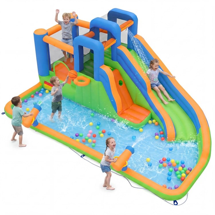 Inflatable water slide park features dual climbing walls, splash pool, and water cannons for endless outdoor fun.