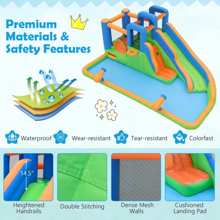 Inflatable water slide with dual climbing walls, splash pool, and safety features for year-round outdoor fun.