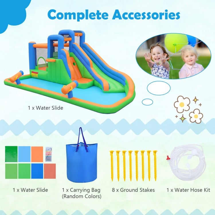 Inflatable water slide with dual climbing walls, spacious jumping area, and complete accessories for endless summer fun.