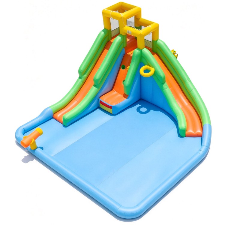 Inflatable water slide for kids featuring double slides, splash pool, water cannon, and basketball hoop for backyard fun.