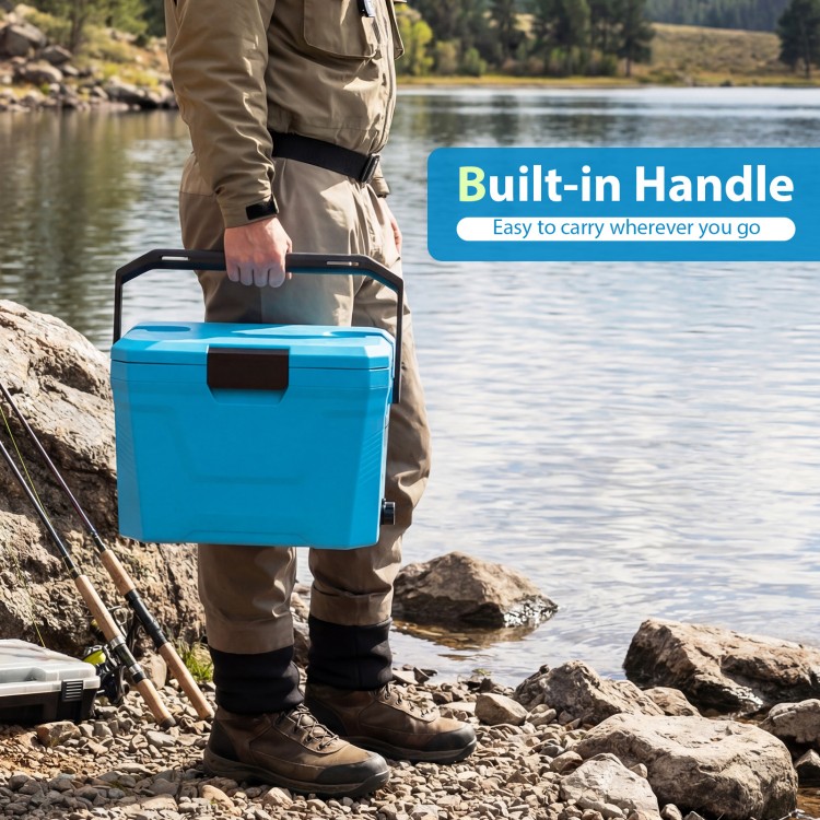 Insulated portable cooler in blue with built-in handle, ideal for outdoor activities like camping and beach trips.