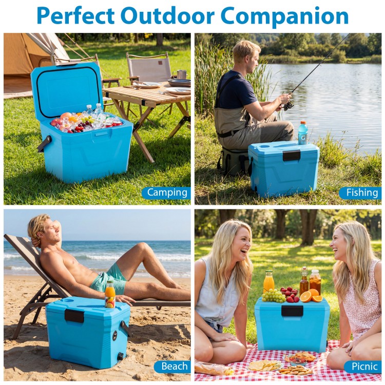 Insulated portable cooler in blue with cup holders, ideal for camping, fishing, and beach picnics, featuring.