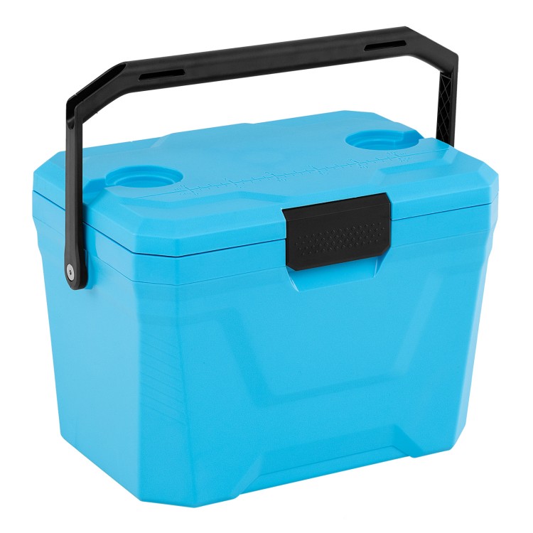 Blue insulated portable cooler with cup holders, triple-layer insulation, and user-friendly handle for outdoor.