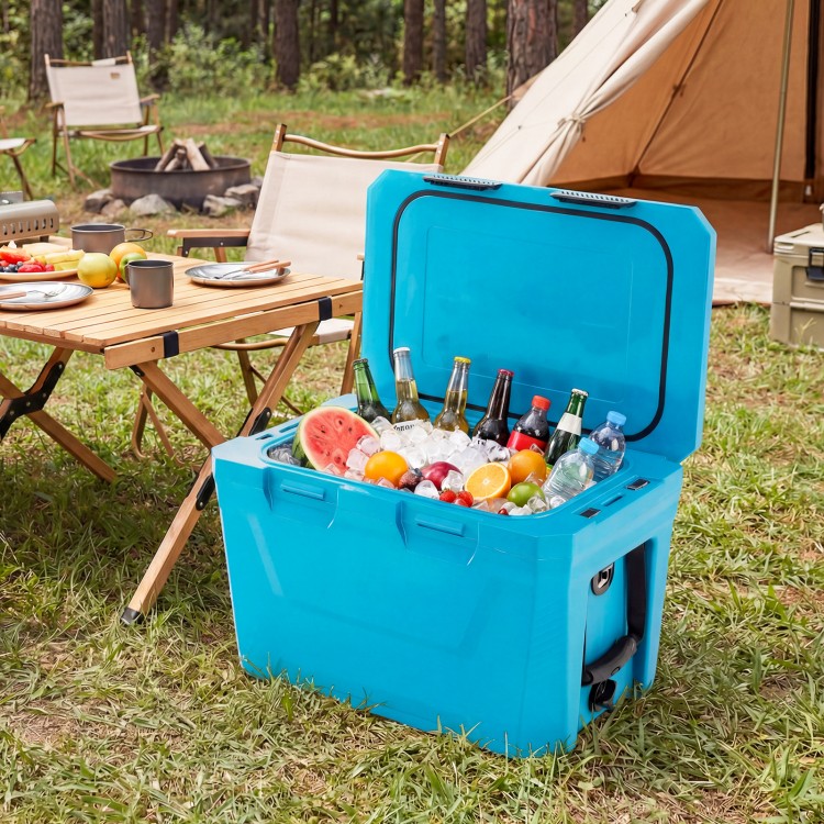 Insulated portable cooler in blue with drinks, featuring cup holders, bottle opener, and spacious interior for outdoor.