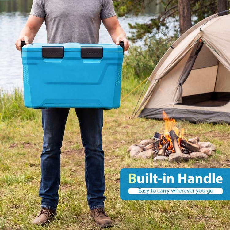 Insulated portable cooler in blue with built-in handle, cup holders, and drain plug for outdoor activities.
