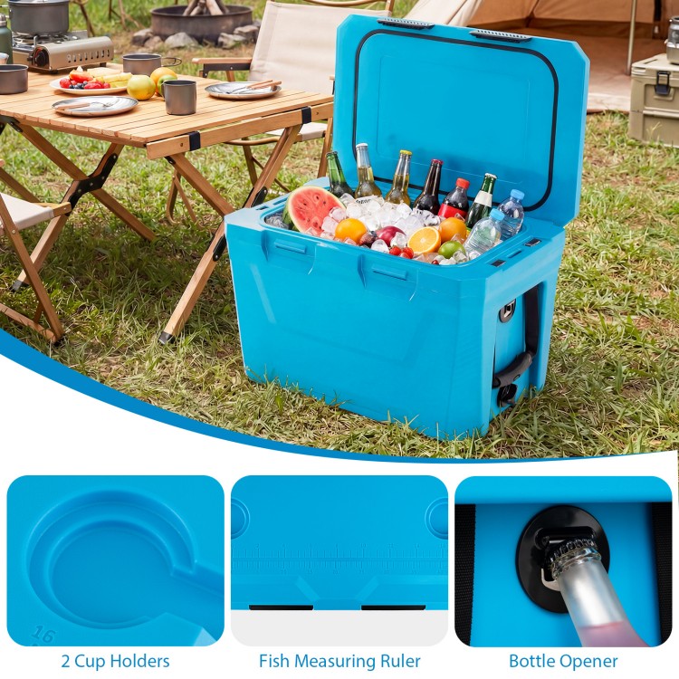 Blue insulated portable cooler with cup holders, bottle opener, and fish measuring ruler, perfect for outdoor.